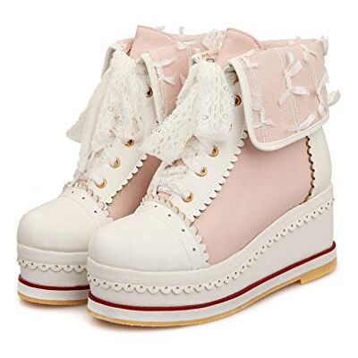 HILIB Damen Süße Lolita Stiefel Cosplay Brogue Keilstiefel, rose, 37 EU HILIB Damen Süße Lolita Stiefel Cosplay Brogue Keilstiefel, rose, 37 EU