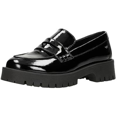 WOJAS Damen Mokassins aus Lackleder, mit Dicker Sohle, Elegant Slipper, Dekorative Nähte, 46124-31 Schwarz, Gr. 39 WOJAS Damen Mokassins aus Lackleder, mit Dicker Sohle, Elegant Slipper, Dekorative Nähte, 46124-31 Schwarz, Gr. 39
