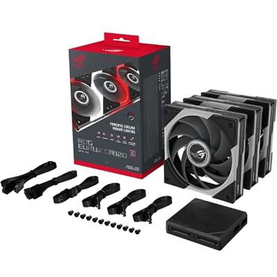 Asus ROG Eurux GR120 ARGB Fan Triple Pack bis 2600 U/min, 33dB(A), Daisy-Chain-Kabeldesign, 3 Beleuchtungszonen, Flüssigkristallpolymer-Lüfterblätter, ROG-Lüfter-Hub Asus ROG Eurux GR120 ARGB Fan Triple Pack bis 2600 U/min, 33dB(A), Daisy-Chain-Kabeldesign, 3 Beleuchtungszonen, Flüssigkristallpolymer-Lüfterblätter, ROG-Lüfter-Hub
