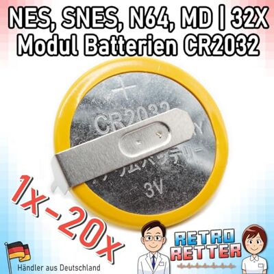 RetroRetter 20x CR2032 Spielstand Speicher Batterien mit Lötfahne für Super Nintendo/SNES / N64 / NES/SEGA MegaDrive RetroRetter 20x CR2032 Spielstand Speicher Batterien mit Lötfahne für Super Nintendo/SNES / N64 / NES/SEGA MegaDrive