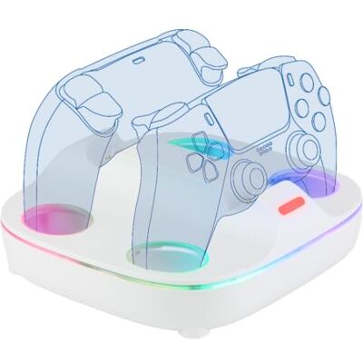 Konix Ladestation für 2 DualSense-Controller PS5 Schnellladung 3 Stunden Magnetische Anschlüsse 10 RGB-Lichteffekte Weiß Konix Ladestation für 2 DualSense-Controller PS5 Schnellladung 3 Stunden Magnetische Anschlüsse 10 RGB-Lichteffekte Weiß
