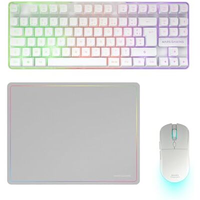 Mars Gaming MCPWTKL, Französisch, Kabelloses Gaming-Combo, DualPro Link 2.4GPRO-Technologie, TKL FRGB Rainbow Tastatur + RGB 3200DPI Maus mit HUANO-Switches + rutschfeste 360x260mm-Mausmatte, Weiß Mars Gaming MCPWTKL, Französisch, Kabelloses Gaming-Combo, DualPro Link 2.4GPRO-Technologie, TKL FRGB Rainbow Tastatur + RGB 3200DPI Maus mit HUANO-Switches + rutschfeste 360x260mm-Mausmatte, Weiß