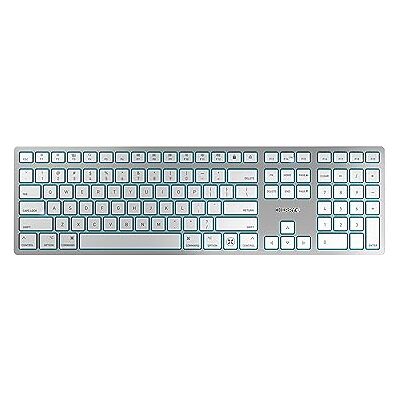 CHERRY KW 9100 Slim for MAC, Kabellose Mac-Tastatur, US-Layout (QWERTY), Bluetooth oder 2,4 GHz Funk, Flache Tasten, Wiederaufladbar, Weiß-Silber CHERRY KW 9100 Slim for MAC, Kabellose Mac-Tastatur, US-Layout (QWERTY), Bluetooth oder 2,4 GHz Funk, Flache Tasten, Wiederaufladbar, Weiß-Silber