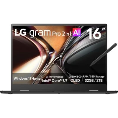 LG gram Pro 2in1 16T95TP-K.AD8BGN 16 Zoll WQXGA+ OLED Touch Notebook, Intel Core Ultra 7 255H, Intel Arc 140T, 32GB RAM, 2TB SSD, federleicht (1,399 kg), gram AI, 77 Wh, 2X Thunderbolt 4, Schwarz LG gram Pro 2in1 16T95TP-K.AD8BGN 16 Zoll WQXGA+ OLED Touch Notebook, Intel Core Ultra 7 255H, Intel Arc 140T, 32GB RAM, 2TB SSD, federleicht (1,399 kg), gram AI, 77 Wh, 2X Thunderbolt 4, Schwarz