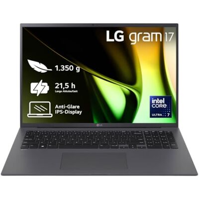 LG gram 17Z90S-G.AD7CGN 17 Zoll WQXGA IPS Notebook, Intel Core Ultra 7 155H, Intel Arc Graphics, 32GB RAM, 2TB Dual SSD, federleicht (1,350 kg), 77 Wh, 2X Thunderbolt 4, 1x HDMI, Grau Ohne Netzteil LG gram 17Z90S-G.AD7CGN 17 Zoll WQXGA IPS Notebook, Intel Core Ultra 7 155H, Intel Arc Graphics, 32GB RAM, 2TB Dual SSD, federleicht (1,350 kg), 77 Wh, 2X Thunderbolt 4, 1x HDMI, Grau Ohne Netzteil