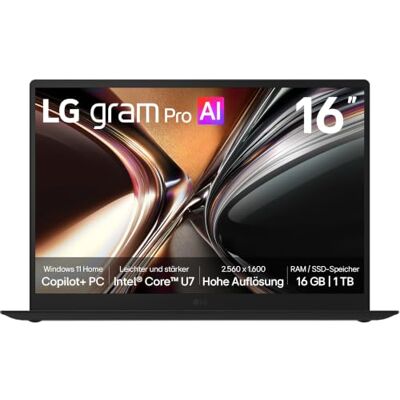LG gram Pro 16 16Z90U-G.AU78GN 16 Zoll WQXGA IPS Copilot+ Notebook, Intel Core Ultra 7 355, Intel Graphics, 16GB RAM, 1TB SSD, federleicht (1,239 kg), gram AI, 77 Wh, 2X Thunderbolt 4, Schwarz LG gram Pro 16 16Z90U-G.AU78GN 16 Zoll WQXGA IPS Copilot+ Notebook, Intel Core Ultra 7 355, Intel Graphics, 16GB RAM, 1TB SSD, federleicht (1,239 kg), gram AI, 77 Wh, 2X Thunderbolt 4, Schwarz
