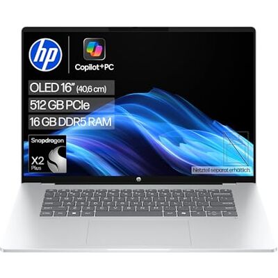HP OmniBook 5 Laptop (16'' 2K OLED Display, Snapdragon, 16GB RAM, 512GB, Win 11, QWERTZ) Silber HP OmniBook 5 Laptop (16'' 2K OLED Display, Snapdragon, 16GB RAM, 512GB, Win 11, QWERTZ) Silber