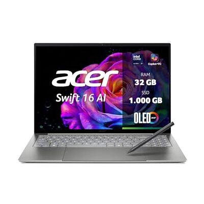 Acer Swift 16 AI OLED (SF16-71T-993G) AI Laptop, Copilot+ PC, 16" WQ2.8K OLED 120Hz Touch-Display, Intel Core Ultra X9 388H, 32 GB RAM, 1 TB GB SSD, Intel Arc B390 Grafik, Windows 11, QWERTZ Tastatur Acer Swift 16 AI OLED (SF16-71T-993G) AI Laptop, Copilot+ PC, 16" WQ2.8K OLED 120Hz Touch-Display, Intel Core Ultra X9 388H, 32 GB RAM, 1 TB GB SSD, Intel Arc B390 Grafik, Windows 11, QWERTZ Tastatur