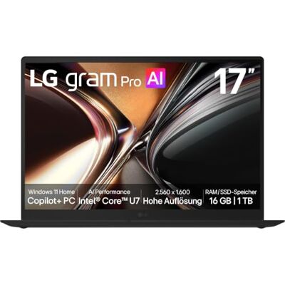 LG gram Pro 17 17Z90U-G.AU78GN 17 Zoll WQXGA IPS Copilot+ Notebook, Intel Core Ultra 7 355, Intel Graphics, 16GB RAM, 1TB SSD, federleicht (1,379 kg), gram AI, 77 Wh, 2X Thunderbolt 4, Schwarz LG gram Pro 17 17Z90U-G.AU78GN 17 Zoll WQXGA IPS Copilot+ Notebook, Intel Core Ultra 7 355, Intel Graphics, 16GB RAM, 1TB SSD, federleicht (1,379 kg), gram AI, 77 Wh, 2X Thunderbolt 4, Schwarz