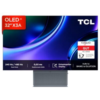 TCL 32X3A OLED+ 4K Gaming Monitor 31,5 Zoll, 240Hz / FHD 480Hz, USB-C 90W 0,03 ms GTG, mattes Display, AMD FreeSync Premium Pro, 1300 Nits Spitzenhelligkeit, Audio by Bang & Olufsen TCL 32X3A OLED+ 4K Gaming Monitor 31,5 Zoll, 240Hz / FHD 480Hz, USB-C 90W 0,03 ms GTG, mattes Display, AMD FreeSync Premium Pro, 1300 Nits Spitzenhelligkeit, Audio by Bang & Olufsen