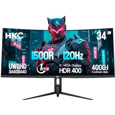 HKC 34 Zoll Curved 120Hz Gaming Monitor, UWQHD 3440x1440 Ultrawide PC Monitor, 1500R VA Bildschirm, 1ms MPRT, HDR400, Low Blue Light, Höhenverstellbar, Adaptive Sync, HDMI 2.0 DP 1.4,VESA 75x75 HKC 34 Zoll Curved 120Hz Gaming Monitor, UWQHD 3440x1440 Ultrawide PC Monitor, 1500R VA Bildschirm, 1ms MPRT, HDR400, Low Blue Light, Höhenverstellbar, Adaptive Sync, HDMI 2.0 DP 1.4,VESA 75x75