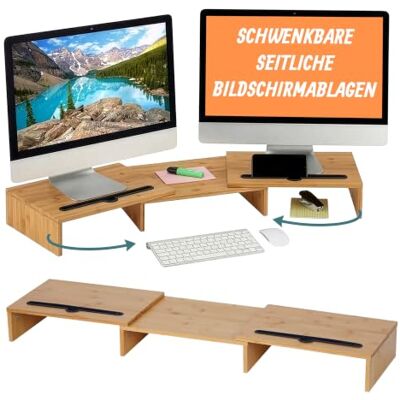 Relaxdays Monitorständer, 2 Monitore, ausziehbare Segmente, Natur Breite 74-105 cm, ergonomische PC Ablage aus Bambus Relaxdays Monitorständer, 2 Monitore, ausziehbare Segmente, Natur Breite 74-105 cm, ergonomische PC Ablage aus Bambus