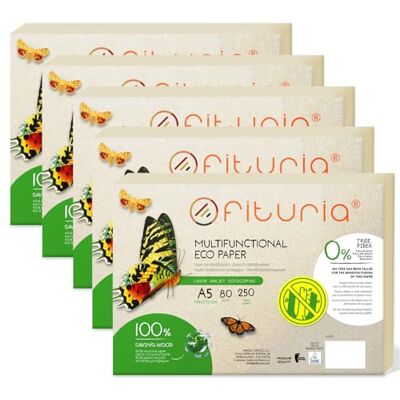 OFITURIA Recyclingpapier A5, 80 g, Blatt, zu 100% aus Recyclingpapier hergestellt, Packung DIN A5, naturfarben, geeignet für Laser- und Tintenstrahldrucker – (1250 Blatt) OFITURIA Recyclingpapier A5, 80 g, Blatt, zu 100% aus Recyclingpapier hergestellt, Packung DIN A5, naturfarben, geeignet für Laser- und Tintenstrahldrucker – (1250 Blatt)