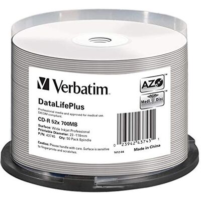 Verbatim CD-R 700MB 52-fache Brenngeschwindigkeit CD-Rohlinge Groß Bedruckbar DataLifePlus 50-Stück Spindel Verbatim CD-R 700MB 52-fache Brenngeschwindigkeit CD-Rohlinge Groß Bedruckbar DataLifePlus 50-Stück Spindel