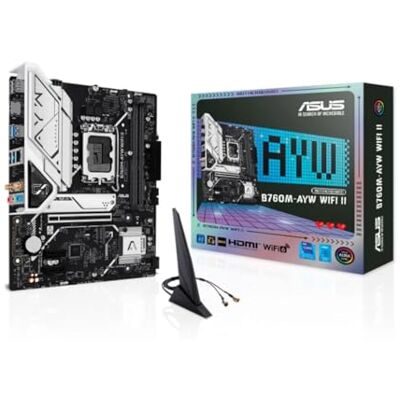 Asus B760M-AYW WiFi II, Motherboard Intel mATX, LGA 1700, DDR5-Slot, PCIe 5.0, Zwei M.2-Steckplätze, Ethernet Realtek 2,5 GB, Wi-Fi 6, HDMI 2.1, SATA 6 Gbit/s, vordere USB-Anschlüsse 5 Gbit/s, Aura Asus B760M-AYW WiFi II, Motherboard Intel mATX, LGA 1700, DDR5-Slot, PCIe 5.0, Zwei M.2-Steckplätze, Ethernet Realtek 2,5 GB, Wi-Fi 6, HDMI 2.1, SATA 6 Gbit/s, vordere USB-Anschlüsse 5 Gbit/s, Aura