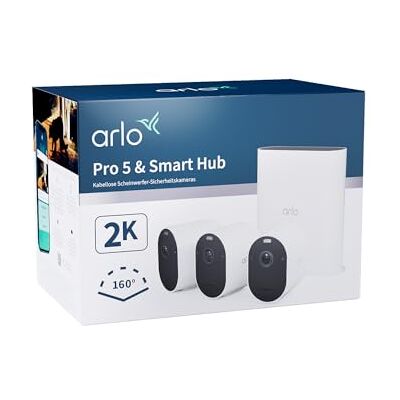 Arlo Pro 5 Überwachungskamera + USB-Stick SmartHub, 2K+ HDR Video, Kabellos, Verbesserte Farbnachtsicht, 160° Blickwinkel, Spotlight, 2-Wege Audio, Alarm Sirene + Secure Testzeitraum, 3er Set Arlo Pro 5 Überwachungskamera + USB-Stick SmartHub, 2K+ HDR Video, Kabellos, Verbesserte Farbnachtsicht, 160° Blickwinkel, Spotlight, 2-Wege Audio, Alarm Sirene + Secure Testzeitraum, 3er Set