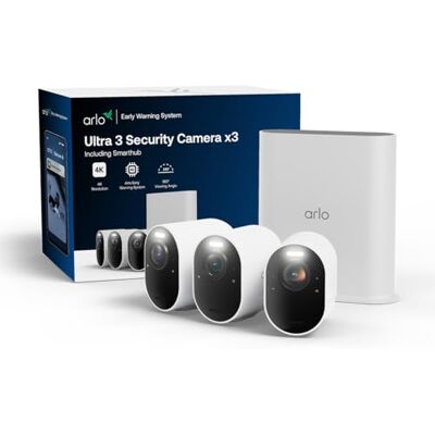 Arlo Ultra 3 4K Akku Überwachungskamera Aussen mit SmartHub, 3-Kamera-Set 180° Sichtfeld, 4K UHD, Auto-Tracking, KI-Erkennung, SmartHub Speicher, Alexa, Secure Testzeitraum inklusive Arlo Ultra 3 4K Akku Überwachungskamera Aussen mit SmartHub, 3-Kamera-Set 180° Sichtfeld, 4K UHD, Auto-Tracking, KI-Erkennung, SmartHub Speicher, Alexa, Secure Testzeitraum inklusive