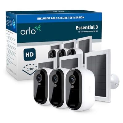 Arlo Essential 3 HD Akku Überwachungskamera Aussen & Solar, 3-Kamera-Set Kabellos, mit Solarpanel, Farb-Nachtsicht, KI-Erkennung, 130° Weitwinkel, Alexa-kompatibel, Secure Testzeitraum Arlo Essential 3 HD Akku Überwachungskamera Aussen & Solar, 3-Kamera-Set Kabellos, mit Solarpanel, Farb-Nachtsicht, KI-Erkennung, 130° Weitwinkel, Alexa-kompatibel, Secure Testzeitraum
