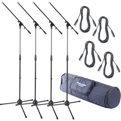 MUSIC STORE 4x Mikrofonständer-Set, Schwarz, 5m XLR Kabel, Goldkontakte, Tasche für 6 Stative, Bühne und Studio, MS-ID:PAH180 MUSIC STORE 4x Mikrofonständer-Set, Schwarz, 5m XLR Kabel, Goldkontakte, Tasche für 6 Stative, Bühne und Studio, MS-ID:PAH180