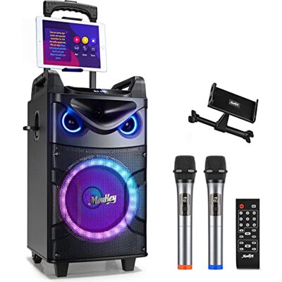 Moukey Karaoke Maschine, Große Karaoke Anlage mit 26cm Woofer & 8cm Tweeter & 2 Mikrofonen, Wiederaufladbarer Bluetooth Lautsprecher mit Lichteffekt Tablettenhalter TWS/Rec/AUX/USB/TF/FM für Party Moukey Karaoke Maschine, Große Karaoke Anlage mit 26cm Woofer & 8cm Tweeter & 2 Mikrofonen, Wiederaufladbarer Bluetooth Lautsprecher mit Lichteffekt Tablettenhalter TWS/Rec/AUX/USB/TF/FM für Party