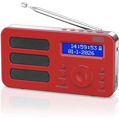 August MB225 Tragbares DAB+/FM Radio mit Akku, Doppelalarm, Sleeptimer, RDS Digitalradio mit 40 Presets, Stereo/Mono, Kopfhöreranschluss, Snooze, wiederaufladbar für Senioren, Zuhause&Outdoor – Rot August MB225 Tragbares DAB+/FM Radio mit Akku, Doppelalarm, Sleeptimer, RDS Digitalradio mit 40 Presets, Stereo/Mono, Kopfhöreranschluss, Snooze, wiederaufladbar für Senioren, Zuhause&Outdoor – Rot