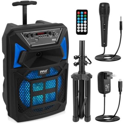 Pyle Portable Bluetooth PA Lautsprecher System – 400W Outdoor Bluetooth Lautsprecher Portable PA System mit Fernbedienung, Mikrofon, Mikrofoneingang, Partylichter, MP3/USB SD-Kartenleser, FM Radio Pyle Portable Bluetooth PA Lautsprecher System – 400W Outdoor Bluetooth Lautsprecher Portable PA System mit Fernbedienung, Mikrofon, Mikrofoneingang, Partylichter, MP3/USB SD-Kartenleser, FM Radio