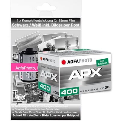 AgfaPhoto APX400 Schwarz/Weiß Film 400 ASA für bis zu 36 Bilder incl. Komplettentwicklung der Bilder per Briefpost in der Postkarten Größe 10 x15 cm. Auf Wunsch Bild Daten zusätzlich per WE Transfer AgfaPhoto APX400 Schwarz/Weiß Film 400 ASA für bis zu 36 Bilder incl. Komplettentwicklung der Bilder per Briefpost in der Postkarten Größe 10 x15 cm. Auf Wunsch Bild Daten zusätzlich per WE Transfer