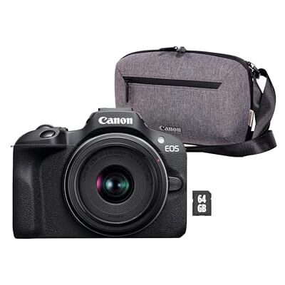 Canon EOS R100 + RF-S 18-45mm F4.5-6.3 is STM Objektiv + Kameratasche + 64GB SD-Karte (Spiegellose Digitalkamera, 4k Videokamera, 24,1 Megapixel, Bildstabilisator, Objektivsteuerring, WLAN) schwarz Canon EOS R100 + RF-S 18-45mm F4.5-6.3 is STM Objektiv + Kameratasche + 64GB SD-Karte (Spiegellose Digitalkamera, 4k Videokamera, 24,1 Megapixel, Bildstabilisator, Objektivsteuerring, WLAN) schwarz