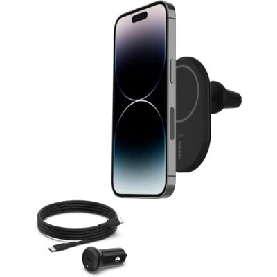 Belkin BoostCharge drahtloser magnetischer Kfz-Telefon-Halter, Kfz ladegerät compatibel mit MagSafe-fähigem iPhone 17, Air, 16, 15, 14, 13, 12, Pixelsnap (inkl. Kabel und Ladegerät) Belkin BoostCharge drahtloser magnetischer Kfz-Telefon-Halter, Kfz ladegerät compatibel mit MagSafe-fähigem iPhone 17, Air, 16, 15, 14, 13, 12, Pixelsnap (inkl. Kabel und Ladegerät)