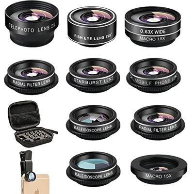 Mocalaca 11-in-1 Handy-Kamera-Objektiv-Set, Weitwinkelobjektiv, Makroobjektiv, Fischaugenobjektiv, Teleobjektiv, CPL, Flow, Radial, Stern, Softfilter, Kaleidoskop-Objektiv, kompatibel mit iPhone, Samsung, Sony Mocalaca 11-in-1 Handy-Kamera-Objektiv-Set, Weitwinkelobjektiv, Makroobjektiv, Fischaugenobjektiv, Teleobjektiv, CPL, Flow, Radial, Stern, Softfilter, Kaleidoskop-Objektiv, kompatibel mit iPhone, Samsung, Sony