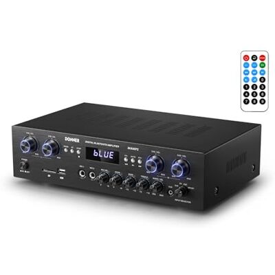 Donner Audio Leistungsverstärker Bluetooth 5.0, 440W Audio Verstärker 4 Kanal, Stereo Receiver mit USB, SD, FM, 2 Mikrofoneingang Echo, RCA, LED, für Studio, Heimkino, MAMP5 Donner Audio Leistungsverstärker Bluetooth 5.0, 440W Audio Verstärker 4 Kanal, Stereo Receiver mit USB, SD, FM, 2 Mikrofoneingang Echo, RCA, LED, für Studio, Heimkino, MAMP5