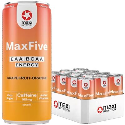 MaxiNutrition MaxFive Vegan 5 g EAA / 3 g BCAA Sports Drink (2:1:1) Grapefruit Orange, 12 x 330 ml Disposable Containers Refreshment with Aminos fro MaxiNutrition MaxFive Vegan 5 g EAA / 3 g BCAA Sports Drink (2:1:1) Grapefruit Orange, 12 x 330 ml Disposable Containers Refreshment with Aminos fro