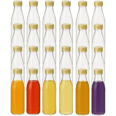 gouveo 24er Set Glasflaschen 330 ml (0,33 l) Glasflasche 330 ml Retro mit PP28 Schraubverschluss goldfarben, runde Klarglasflaschen zum Befüllen für Saft, Sirup, Öl, Essig, Likör (SFR330G) gouveo 24er Set Glasflaschen 330 ml (0,33 l) Glasflasche 330 ml Retro mit PP28 Schraubverschluss goldfarben, runde Klarglasflaschen zum Befüllen für Saft, Sirup, Öl, Essig, Likör (SFR330G)