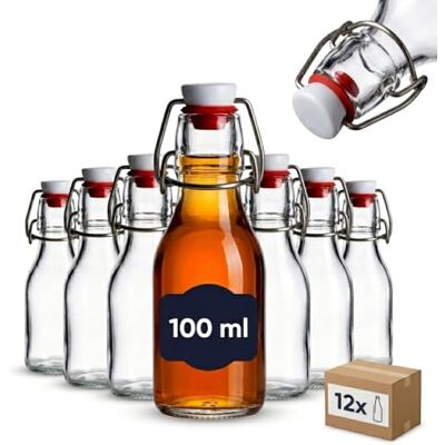 gouveo 12er Set Glasflaschen 100 ml (0,10 l) mit Bügelverschluss – Drahtbügelverschluss mit Dichtung – Kompakte zum Befüllen für Likör, Sirup, Öl, Essig, Probiermenge – Spülmaschinengeeignet (BF100) gouveo 12er Set Glasflaschen 100 ml (0,10 l) mit Bügelverschluss – Drahtbügelverschluss mit Dichtung – Kompakte zum Befüllen für Likör, Sirup, Öl, Essig, Probiermenge – Spülmaschinengeeignet (BF100)