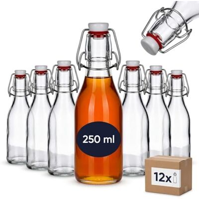 gouveo 12er Set Glasflaschen 250 ml (0,25 l) Rundflasche mit Bügelverschluss mit Drahtbügelverschluss – leere zum Befüllen für Sirup, Saft, Öl, Essig, Likör (BFR250) gouveo 12er Set Glasflaschen 250 ml (0,25 l) Rundflasche mit Bügelverschluss mit Drahtbügelverschluss – leere zum Befüllen für Sirup, Saft, Öl, Essig, Likör (BFR250)
