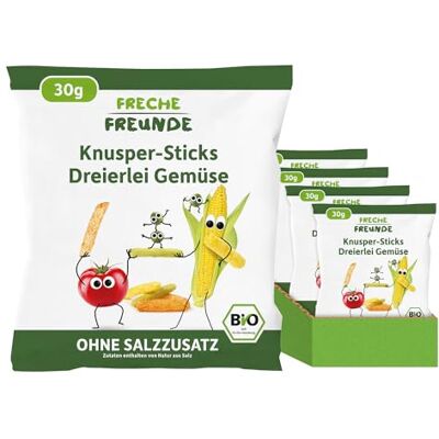 FRECHE FREUNDE Bio Knusper-Sticks Dreierlei Gemüse, bunter Gemüse-Mix, Bio Snack mit Mais, vegan, ohne Zusatzstoffe, ideal als Snack für Kinder, 9er Pack (9 x 30g) FRECHE FREUNDE Bio Knusper-Sticks Dreierlei Gemüse, bunter Gemüse-Mix, Bio Snack mit Mais, vegan, ohne Zusatzstoffe, ideal als Snack für Kinder, 9er Pack (9 x 30g)