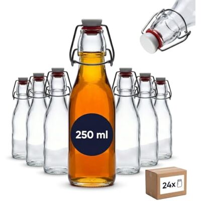 gouveo 12er Set Glasflaschen 250 ml (0,25 l) eckig mit Bügelverschluss – Drahtbügelverschluss mit Dichtung – Eckige zum Befüllen für Saft, Sirup, Likör, Öl, Essig – Spülmaschinengeeignet (BFE250) gouveo 12er Set Glasflaschen 250 ml (0,25 l) eckig mit Bügelverschluss – Drahtbügelverschluss mit Dichtung – Eckige zum Befüllen für Saft, Sirup, Likör, Öl, Essig – Spülmaschinengeeignet (BFE250)