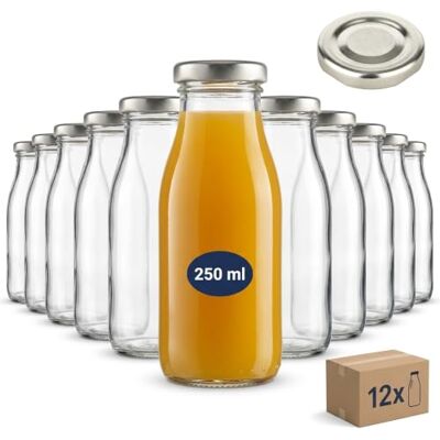 gouveo 12er Set Glasflaschen 250 ml (0,25 l) rund mit Twist-Off Schraubdeckel silberfarben – leere zum Befüllen für Saft, Smoothies, Sirup, Öl und Essig (SF250S) gouveo 12er Set Glasflaschen 250 ml (0,25 l) rund mit Twist-Off Schraubdeckel silberfarben – leere zum Befüllen für Saft, Smoothies, Sirup, Öl und Essig (SF250S)