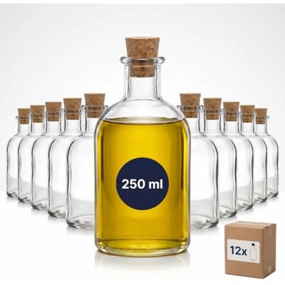 gouveo 12er Set Glasflasche 250 ml (0,25 l) Apothekerflasche rund mit konischem Korken, Klarglas Abfüllflaschen für Likör, Sirup, Saft, Öl & Essig (AFRT250SKE) gouveo 12er Set Glasflasche 250 ml (0,25 l) Apothekerflasche rund mit konischem Korken, Klarglas Abfüllflaschen für Likör, Sirup, Saft, Öl & Essig (AFRT250SKE)