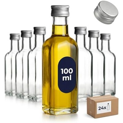gouveo 24er Set Glasflaschen 100 ml (0,10 l) Maraska mit Schraubverschluss silberfarben – eckige Enghalsflaschen aus Klarglas zum Befüllen für Likör, Sirup, Öl und Essig (MFET100S) gouveo 24er Set Glasflaschen 100 ml (0,10 l) Maraska mit Schraubverschluss silberfarben – eckige Enghalsflaschen aus Klarglas zum Befüllen für Likör, Sirup, Öl und Essig (MFET100S)