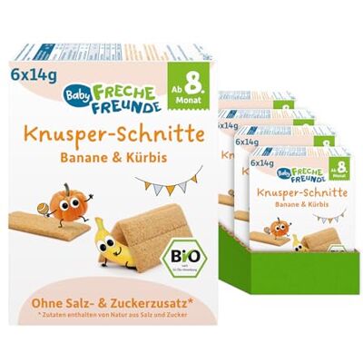 FRECHE FREUNDE Bio-Getreideschnitten mit Bio-Bananenpulver und Bio-Kürbispulver, Knusper-schnitte Banane und Kürbis, ohne Zuckerzusatz, 6er Pack (6x84g) FRECHE FREUNDE Bio-Getreideschnitten mit Bio-Bananenpulver und Bio-Kürbispulver, Knusper-schnitte Banane und Kürbis, ohne Zuckerzusatz, 6er Pack (6x84g)