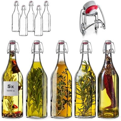KADAX Bügelflaschen 1L, 5er Set, große Glasflaschen mit Bügelverschluss, leere Flaschen zum Befüllen für Saft, Öl, Essig, Likör & Sirup, Saftflaschen aus Glas, Likörflaschen KADAX Bügelflaschen 1L, 5er Set, große Glasflaschen mit Bügelverschluss, leere Flaschen zum Befüllen für Saft, Öl, Essig, Likör & Sirup, Saftflaschen aus Glas, Likörflaschen