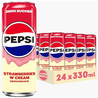 Pepsi Zero Zucker Strawberry 'n' Cream Geschmack in der Dose, Einweg (24 x 0,33l) Pepsi Zero Zucker Strawberry 'n' Cream Geschmack in der Dose, Einweg (24 x 0,33l)