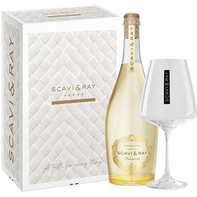 Scavi & Ray Moscato Frizzante Geschenkset mit Glas 8,5% Vol. 0,75l Leichter Perlwein mit fruchtiger Süße und Designglas, edles Präsent für stilvolle Anlässe und zum Verschenken Scavi & Ray Moscato Frizzante Geschenkset mit Glas 8,5% Vol. 0,75l Leichter Perlwein mit fruchtiger Süße und Designglas, edles Präsent für stilvolle Anlässe und zum Verschenken