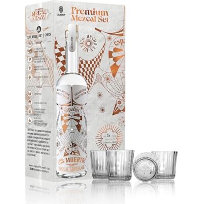 LOS MUERTOS Mezcal Artesanal Premium Geschenkset 4 originale mexikanische Veladora-Gläser 43% vol. 700 ml LOS MUERTOS Mezcal Artesanal Premium Geschenkset 4 originale mexikanische Veladora-Gläser 43% vol. 700 ml