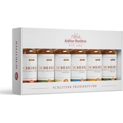 Schlitzer Destillerie Schlitzer Whisky Tasting Set, 6 x 0,05L Miniaturen, Single Malt, Single Grain und Wheat Malt Whisky aus Deutschland, exklusives Probierset für Genießer und Kenner Schlitzer Destillerie Schlitzer Whisky Tasting Set, 6 x 0,05L Miniaturen, Single Malt, Single Grain und Wheat Malt Whisky aus Deutschland, exklusives Probierset für Genießer und Kenner