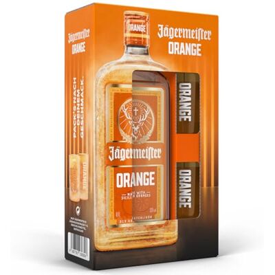 Jägermeister ORANGE Geschenkset – 0,7l Kräuterlikör + Shotgläser – 33% Vol. Jägermeister ORANGE Geschenkset – 0,7l Kräuterlikör + Shotgläser – 33% Vol.