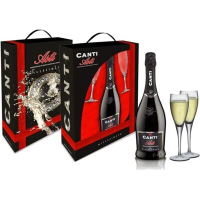 CANTI Weißer D.O.C.G. Millesimato, Spumante Sektwein, Moscato d'Asti, Geschenkpackung mit zwei gläsern, italienische traubensorte aus Piemont, fruchtiger und aromatischer Geschmack, 1x750 ml CANTI Weißer D.O.C.G. Millesimato, Spumante Sektwein, Moscato d'Asti, Geschenkpackung mit zwei gläsern, italienische traubensorte aus Piemont, fruchtiger und aromatischer Geschmack, 1x750 ml