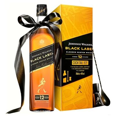 JOHNNIE WALKER Black Label Blended Scotch Whisky Cocktail Kit mit Stirrer und Jigger, 40% Vol, 70cl, eignet sich optimal als Geschenk zu Weihnachten JOHNNIE WALKER Black Label Blended Scotch Whisky Cocktail Kit mit Stirrer und Jigger, 40% Vol, 70cl, eignet sich optimal als Geschenk zu Weihnachten