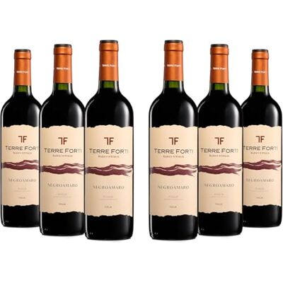 TERRE FORTI Negroamaro Puglia IGT, Italienischer Rotwein mit Rundem und Vollem Geschmack mit Noten Schwarzer Früchte, 12,5% Vol., Karton mit 6 Flaschen mit jeweils 750 ml TERRE FORTI Negroamaro Puglia IGT, Italienischer Rotwein mit Rundem und Vollem Geschmack mit Noten Schwarzer Früchte, 12,5% Vol., Karton mit 6 Flaschen mit jeweils 750 ml